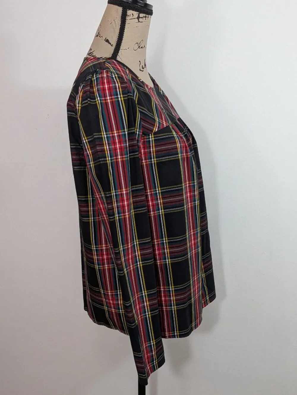 J. Crew Black Plaid Tartan Puff Sleeve Top Long Sleeve Blouse Size Small S